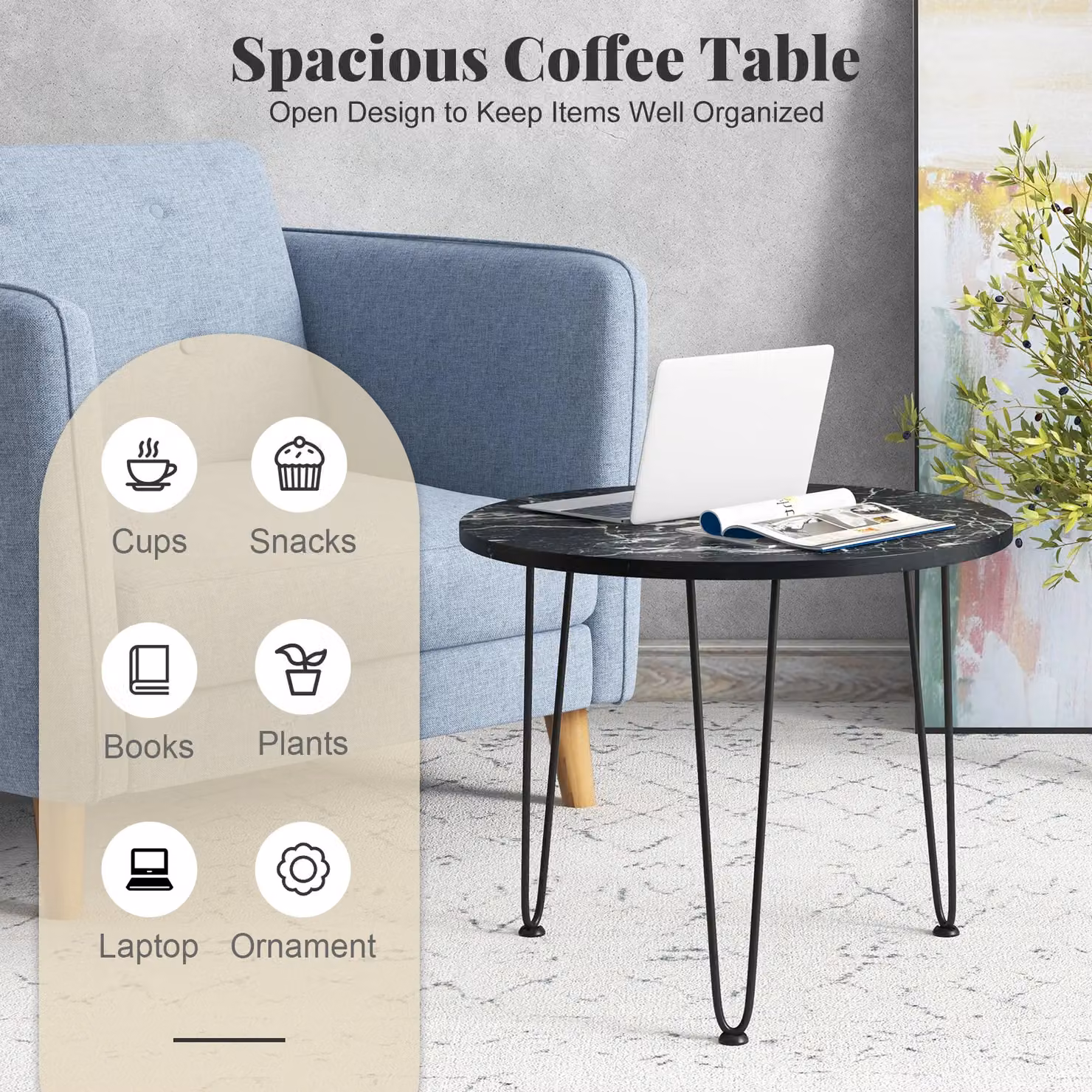 Costway Round Faux Marble Accent Coffee Table in Black, W/D/H: 60 x 60 x 47 cm – 2