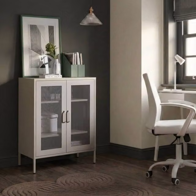 Wyld and Coco Industrial Office Cabinet in Matt Beige with 2 Hinged Glass Doors and Locks