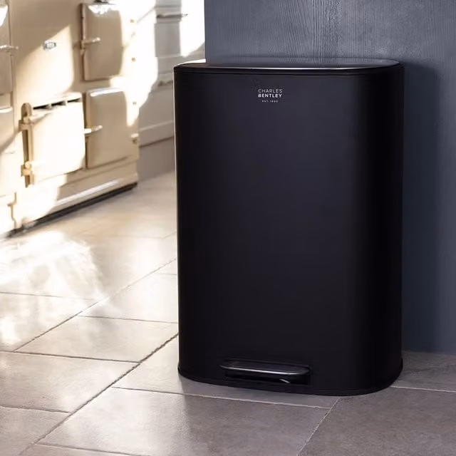 Charles Bentley 50L Stainless Steel Pedal Kitchen Bin in Black, H 63.7 x W 37.3 x D 46 cm