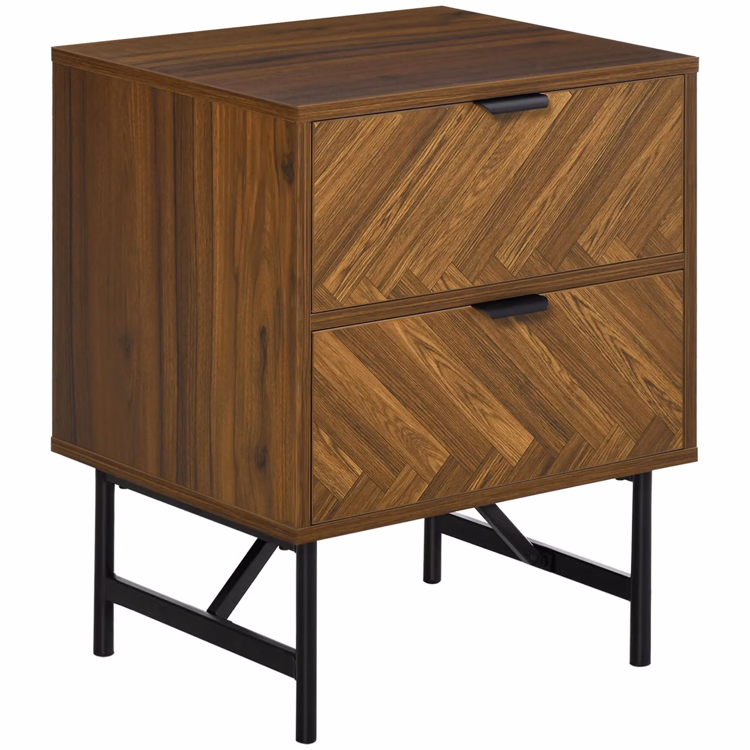 HOMCOM Two Drawer Herringbone Bedside Table in Brown with Geometric Rustic Design – 2