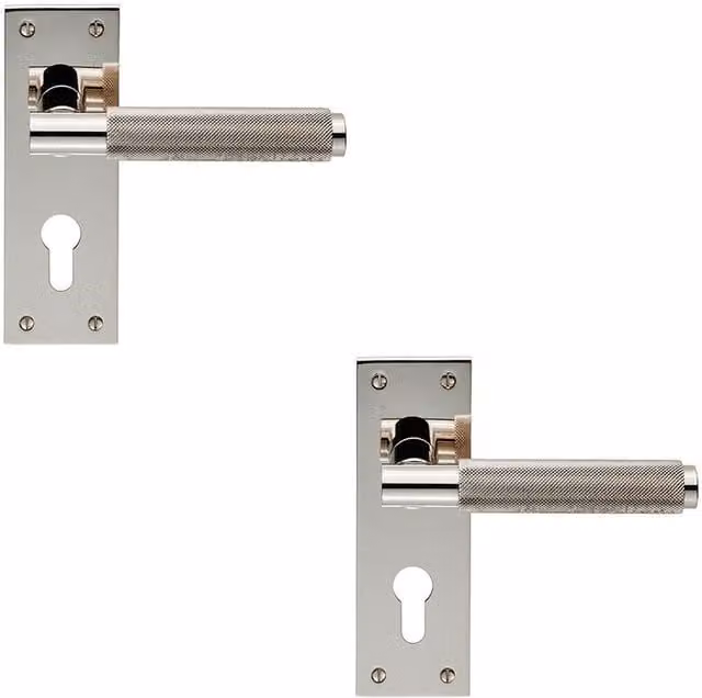 Loops 2x Pair Knurled Round Lever on Slim Euro Lock Backplate, Silver, W: 150 mm x H: 50 mm