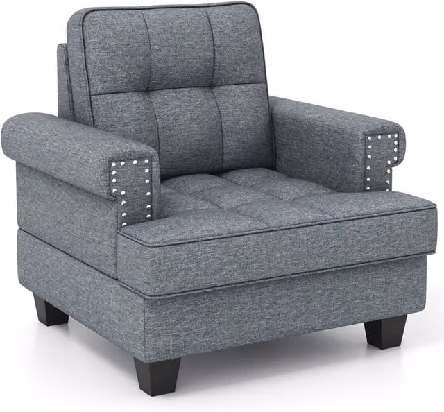 Costway Modern Accent Armchair in Grey, Tufted Upholstered Linen Club Chair with Extra Pillow – 1