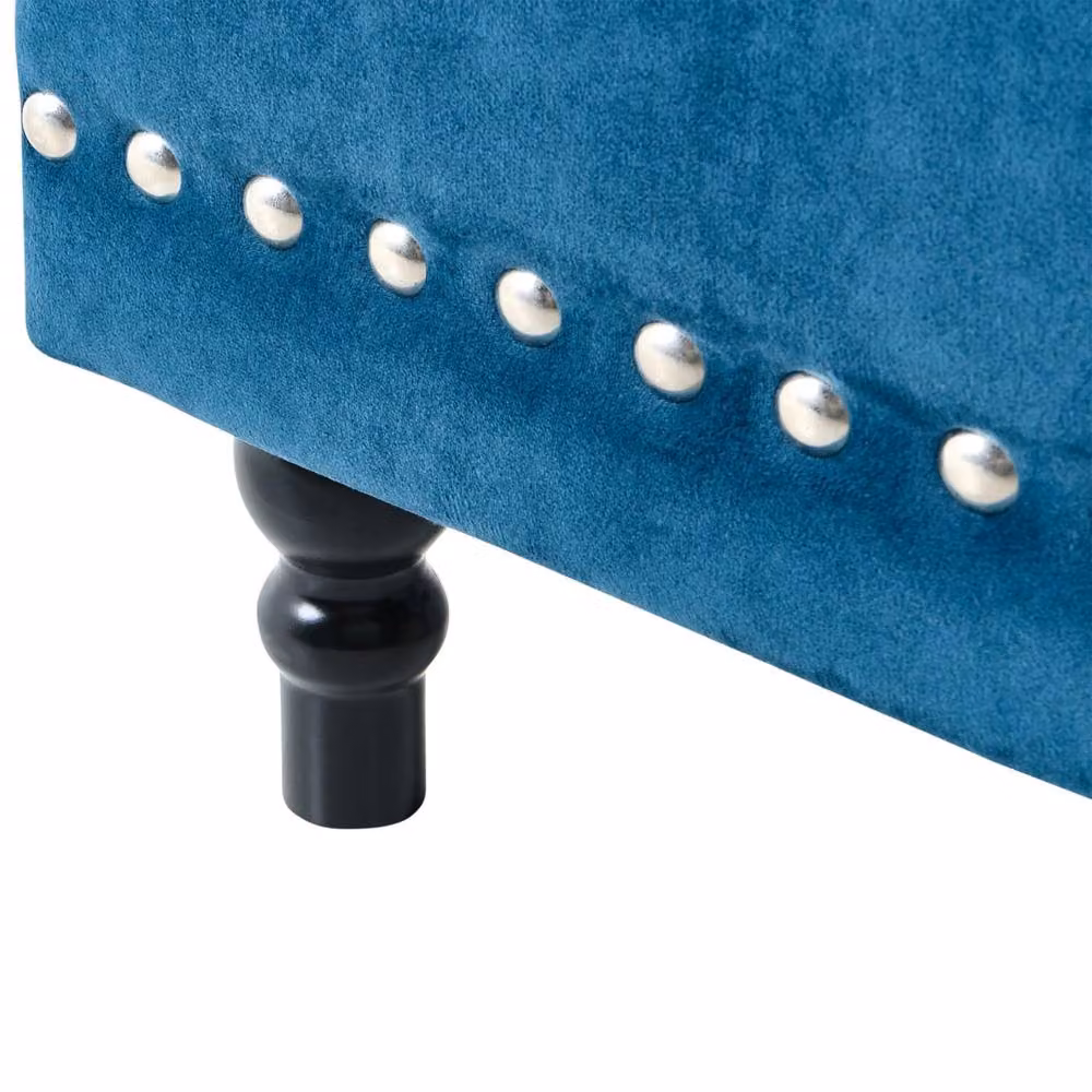 Wyld and Coco Velvet Ottoman in Deep Blue with Tufted Seat and Nailhead Trim – 7