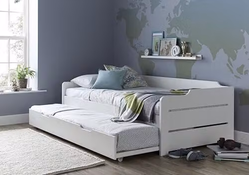 Bedmaster Copella White Wooden Guest Bed with Trundle and Spring Mattress, W/D/H: 90 x 190 x 63 cm