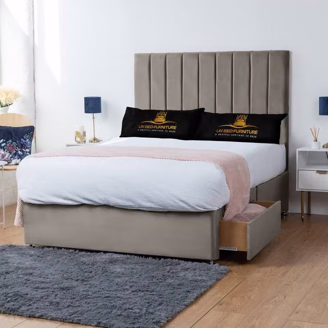 UK Bed Furniture Ashford Divan Bed with 2 Drawers and 26 Inch Headboard in Light Beige, Size: Small Double (W/D/H: 120 x 200 cm)