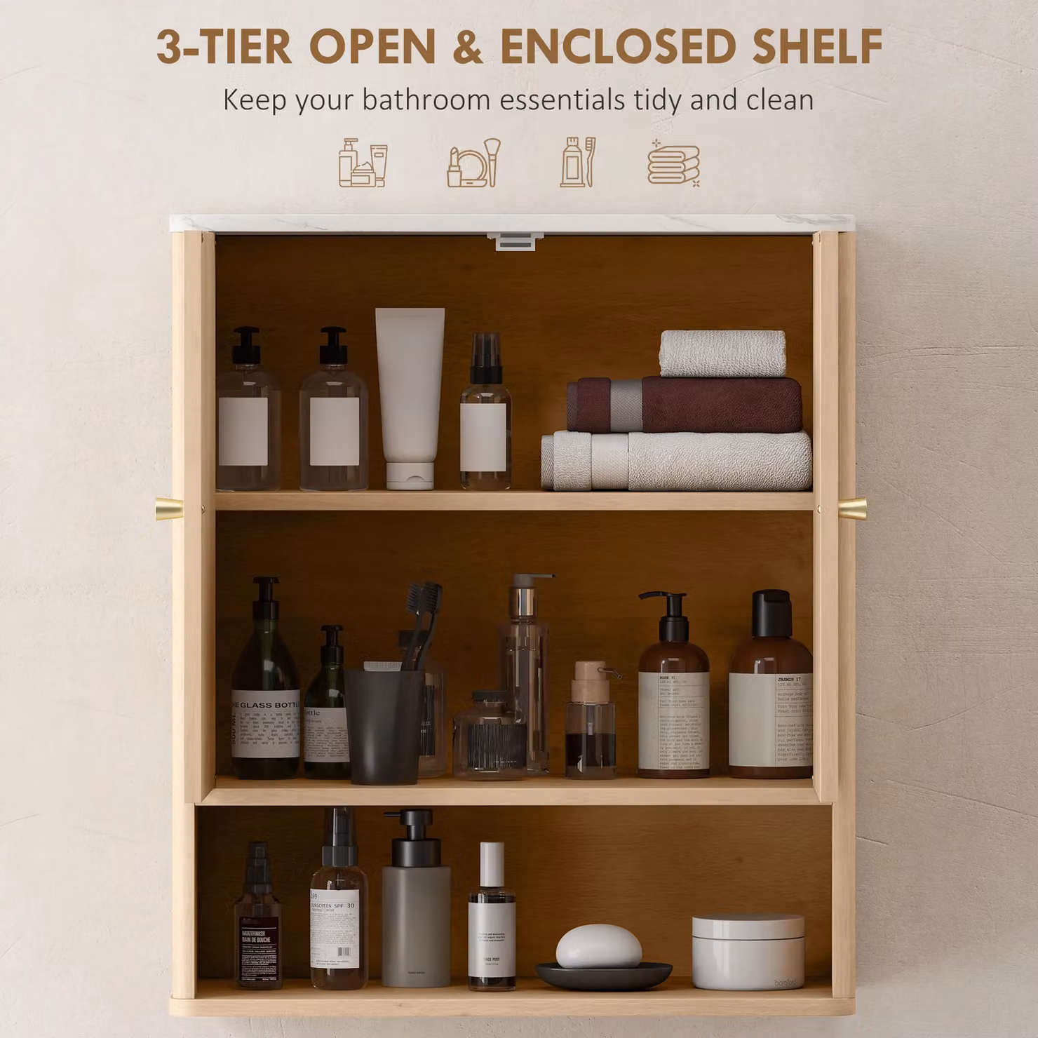HOMCOM Wall-Mounted Bathroom Cabinet with Adjustable Internal Shelf and Open Shelf in Light Oak – 3