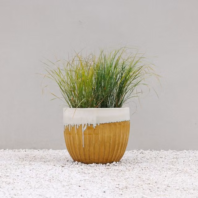 Primrose Ribbed Textured Glazed Round Clay Patio Planter in Two Tone Yellow and Brown, Diameter: 45 cm – 1