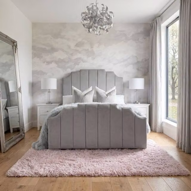 Stratus Interiors Supreme Bed with Panelled Headboard and Footboard, Grey Velvet Gas Lift Ottoman Storage, Super King, W: 200 cm x D: 200 cm