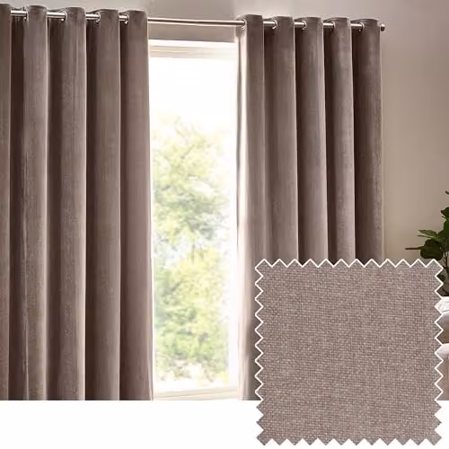 Riva Home Beige Chenille Velvet Eyelet Curtains, Pair, W/H: 137 x 229 cm