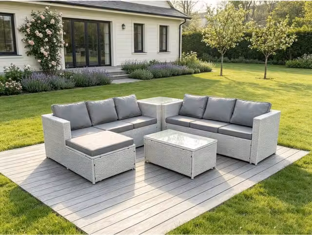 Fimous Grey L-Shape Outdoor Rattan Garden Furniture Set with 2-Seater Sofa, Ottoman, Coffee Table and Cushions – 1