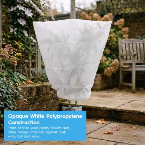 Harbour Housewares 3-Piece White Polyester Plant Fleece Frost Protection Cover Set with Drawstring – 3