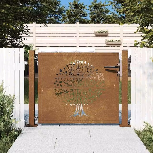 Berkfield Home Garden Gate in Brown Corten Steel with Tree Design, W/H: 105 x 105 cm