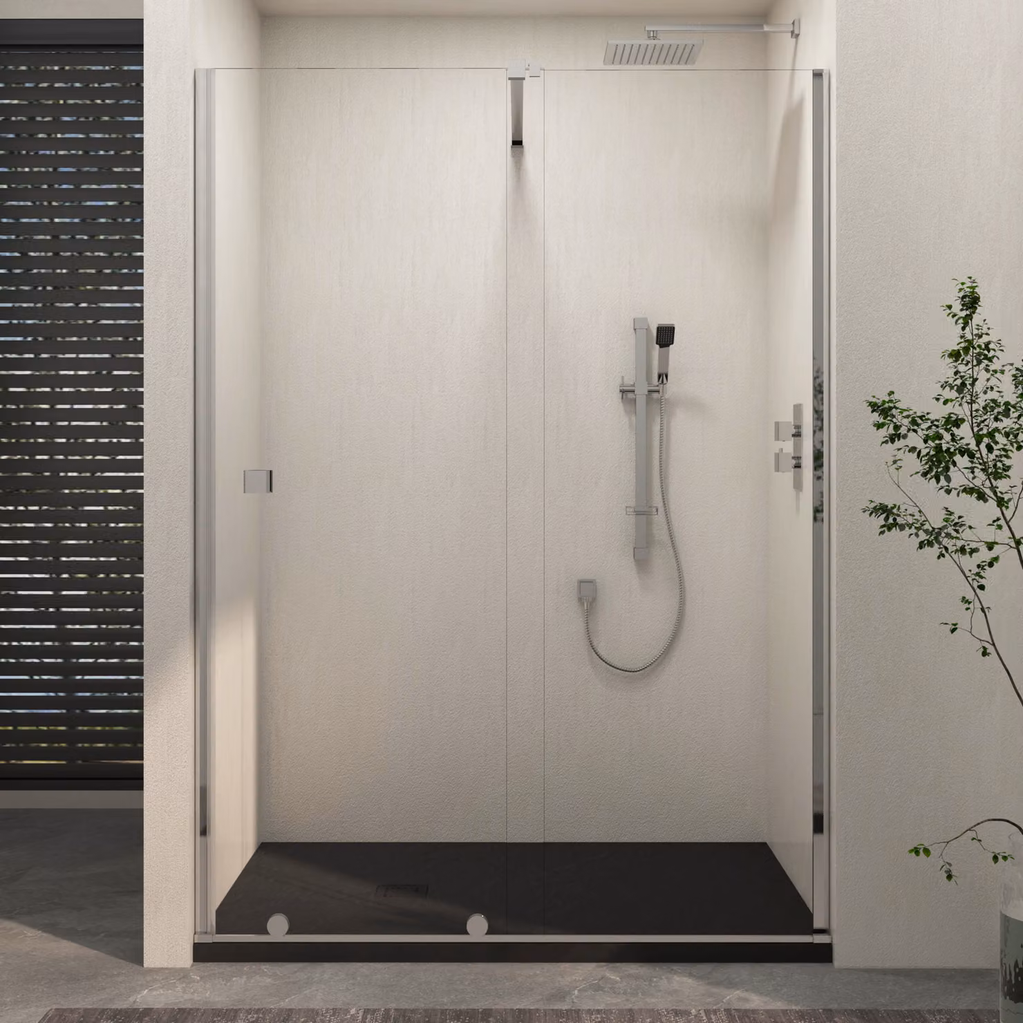 Royal Bathrooms Luton Recessed Sliding Shower Screen with Black Slate Effect Mineral Cast Stone Shower Tray, 8mm Clear Glass, H: 195 cm, W: 140 cm, D: 90 cm, Chrome