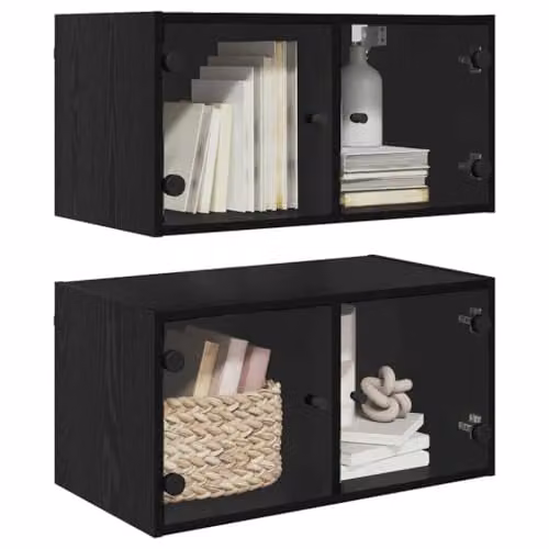 vidaXL Set of 2 Modern Wall-Mounted Cabinets with Glass Doors in Black, W/D/H: 68 x 37 x 35 cm