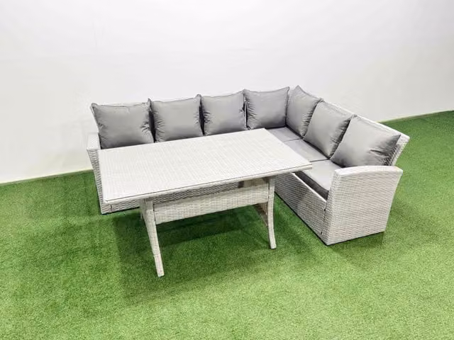 Fimous 6 Seater Rattan Garden Furniture Set with Corner Sofa and Dining Table in Light Grey