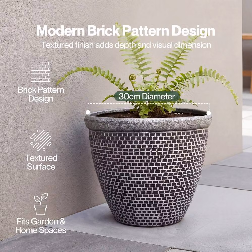 VOGREX Silver and Black Round Plastic Plant Pots with Drainage Holes, Diameter: 30 cm – 5