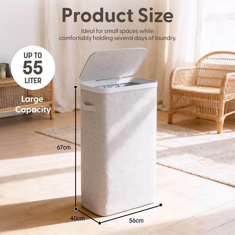 Keplin Collapsible Slim Laundry Basket with Lid and Removable Liner, 55L, Grey, W: 39 cm, D: 22 cm, H: 67 cm – 2