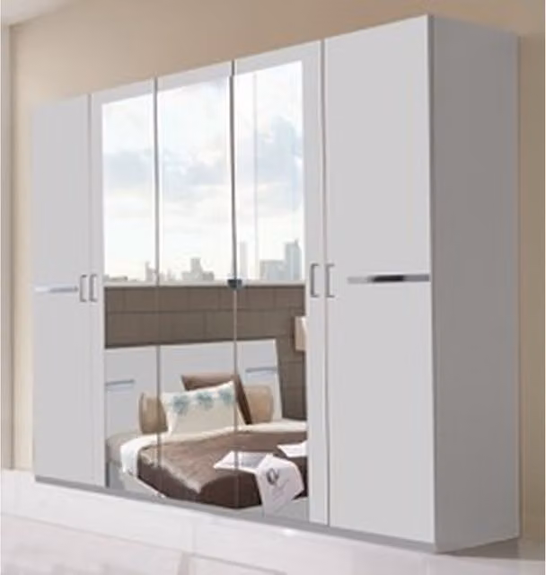 Tjs Modern White 5 Door Wardrobe with Glass Doors and Mirror