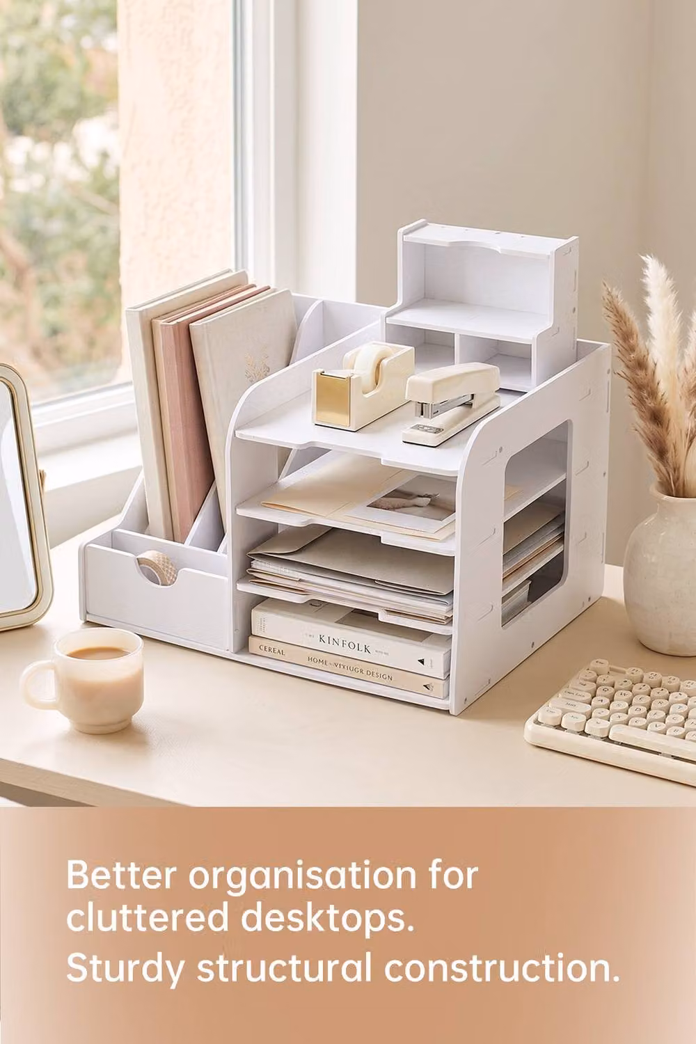 Living and Home White Plastic A4 Desktop Letter Tray Desk Organiser W: 40.0 cm, D: 24.5 cm, H: 7.0 cm – 2