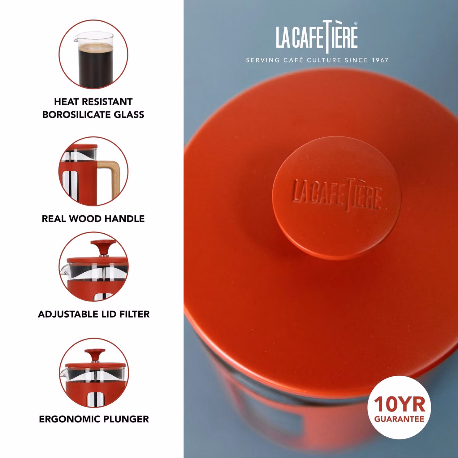 La Cafetiere Pisa Stainless Steel French Press Cafetiere, Red, 0.94 l – 5