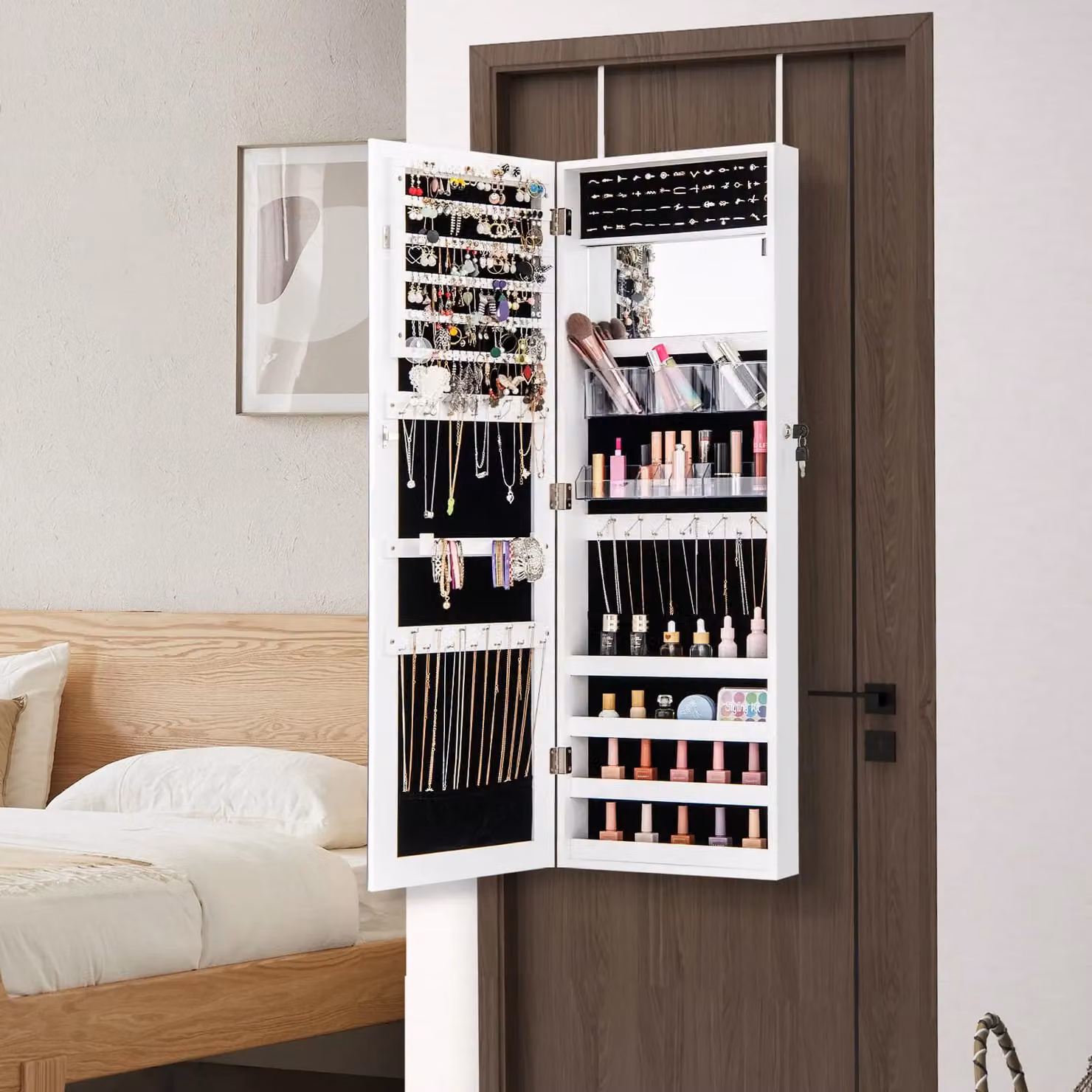 Gymax White Glossy Jewellery Mirror Cabinet with Hinged Doors and Internal Shelves, Width: 110 cm – 3