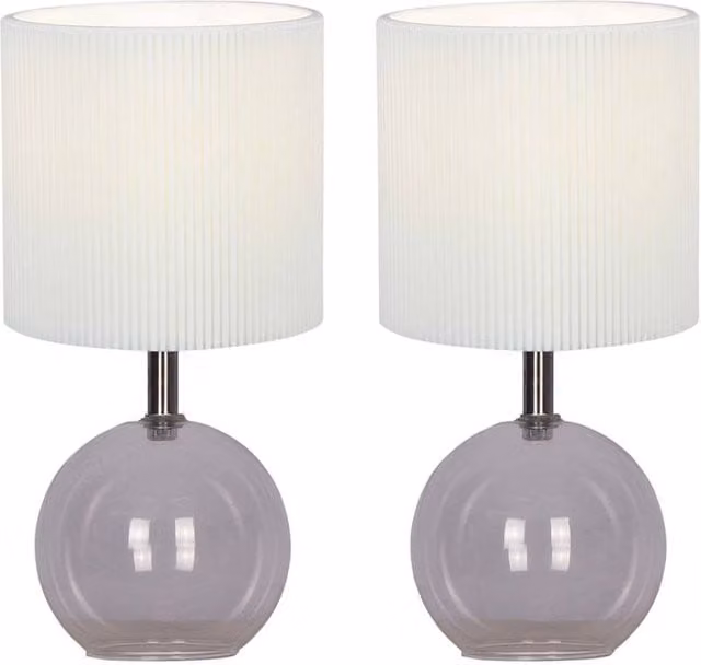 First Choice Lighting Set of 2 Buck Clear Glass Table Lamps with White Pleated Fabric Shades