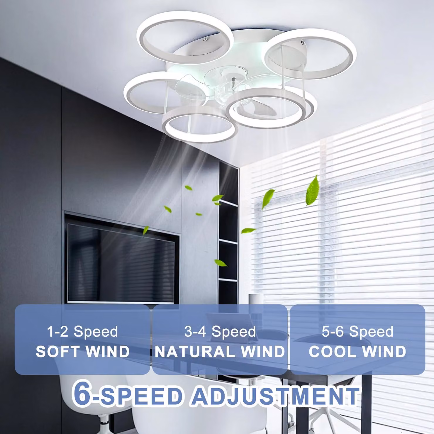 Garwarm Modern Low Profile LED Ceiling Fan with 6 Ring Dimmable Lights in White – 2
