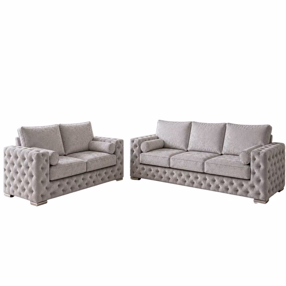 Stratus Interiors Ashley Chesterfield Fabric Sofa Set, 2 and 3 Seater, Light Grey – 2