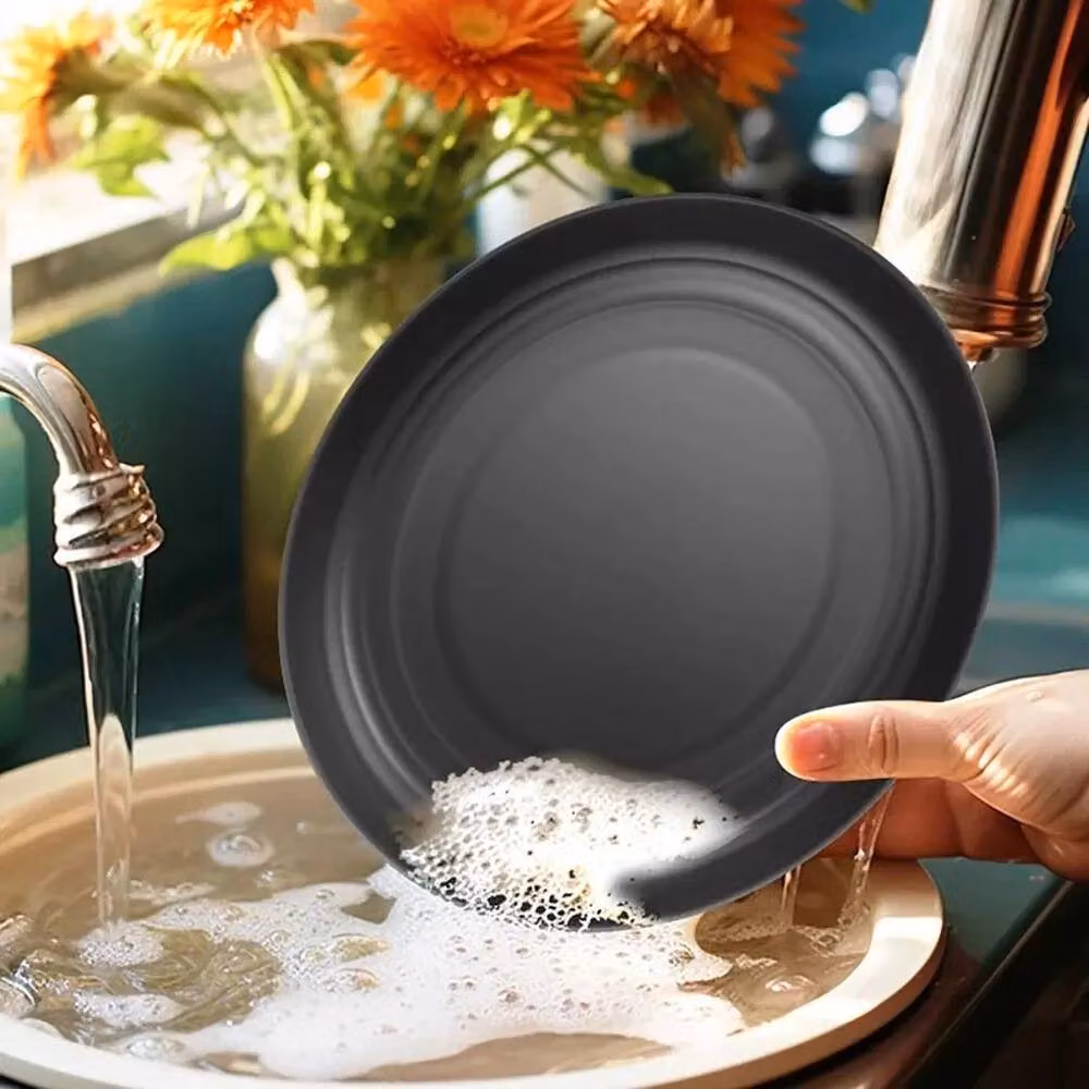 FLAVORA 32-Piece Black Plastic Dinnerware Set with Round Plates and Bowls – 3
