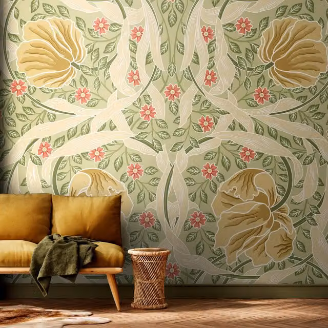 Origin Murals Flower Circle Art Nouveau Wall Mural in Green and Coral