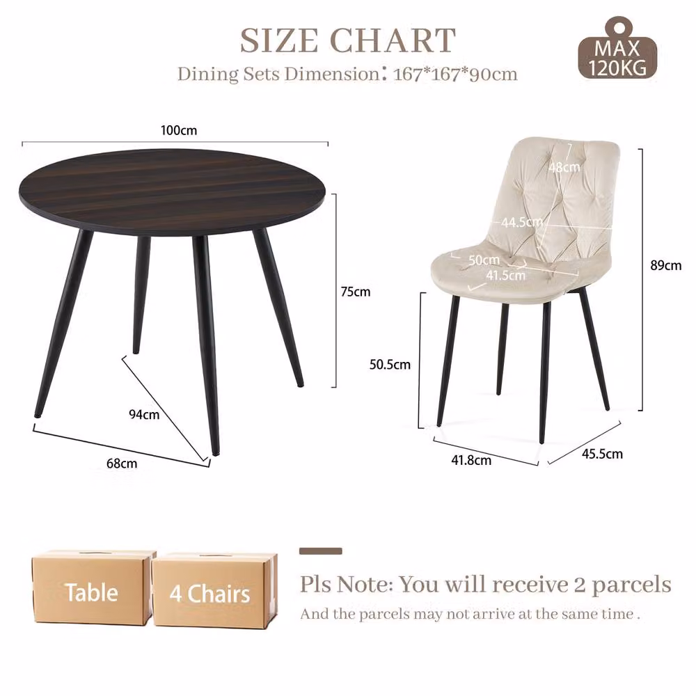 SONARA Modern Round 4 Seater Dining Set with Dark Walnut Wood Table and 4 Beige Velvet Chairs – 2