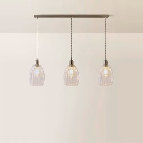 ValueLights Cheltenham 3 Drop Bar Ceiling Light in Brushed Chrome with Clear Ribbed Glass – 1