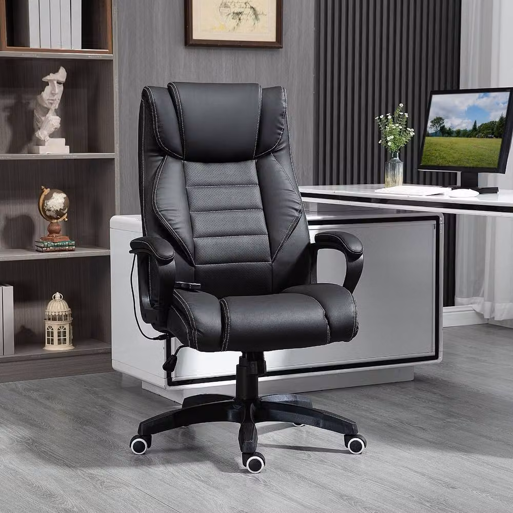 Rolipo Black PU Leather 6-Point Massage Office Chair with Tilt Function and Headrest – 4