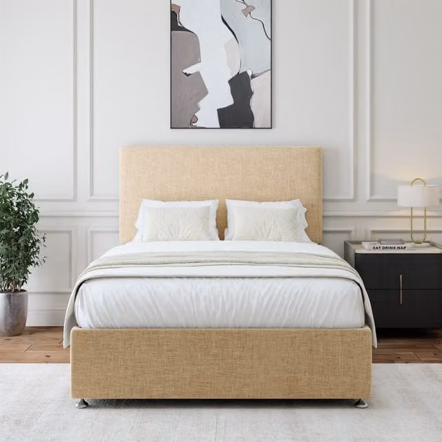 Bedmaster Upholstered Linen Divan Base and Plain Headboard with Drawers in Sand/Beige, W/D/H: 180 x 200 cm