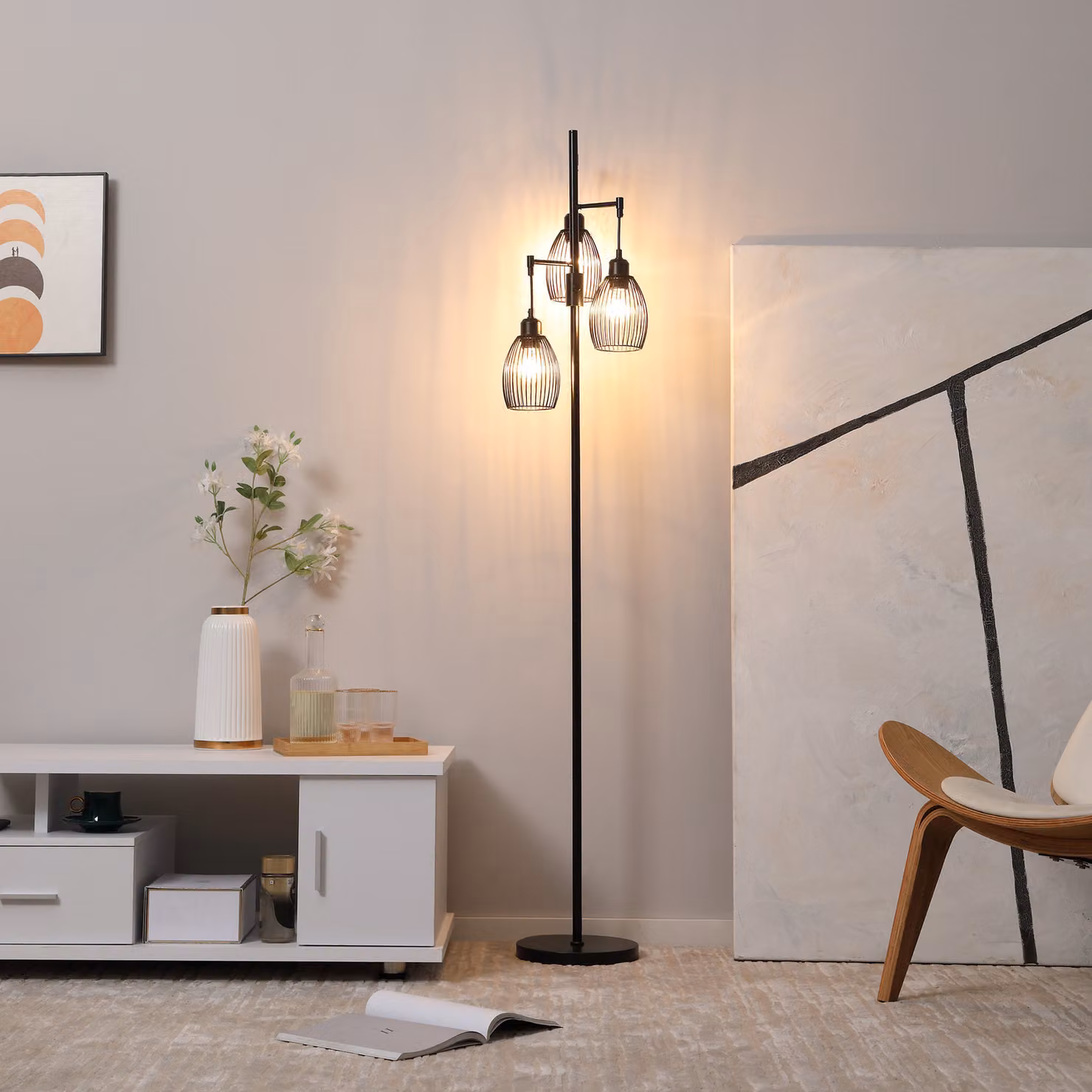 HOMCOM Industrial 3-Light Floor Standing Lamp with Metal Lampshades, Black – 2