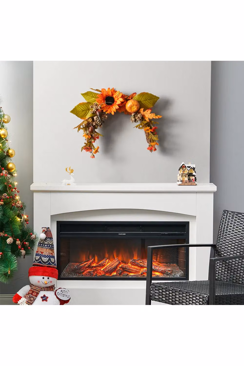 Living and Home Orange Autumn Sunflower Swag Wreath with Chrysanthemums and Pumpkins – 3