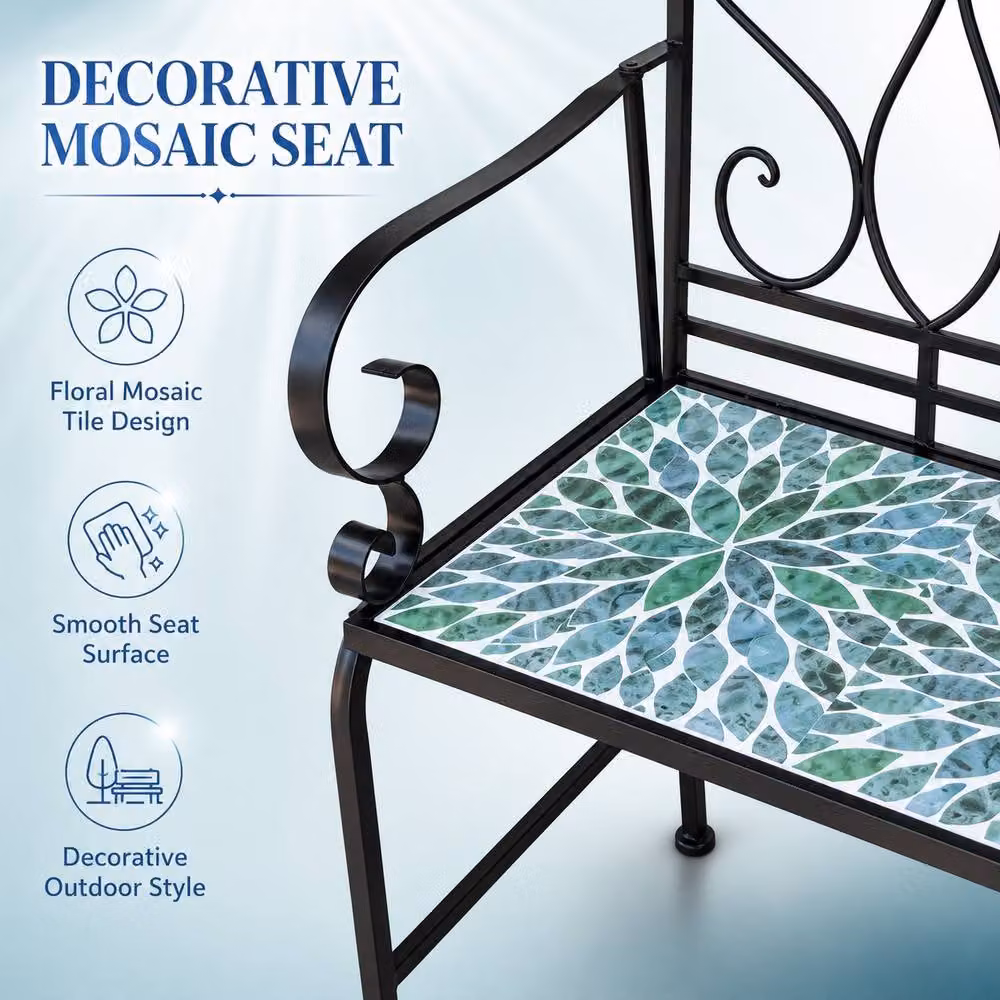 SHATCHI Leaf Mosaic 2 Seater Garden Bench with Metal and Ceramic Tile Seat in Multicolour Green – 3