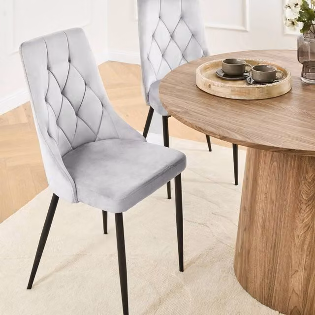 Wyld and Coco Set of 2 Modern Velvet Dining Chairs in Light Grey with Black Metal Legs – 1