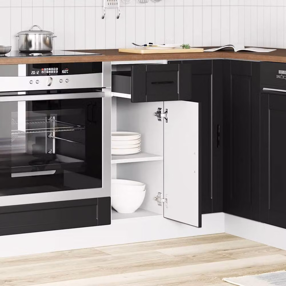 Berkfield Home Porto Black Matt MDF Freestanding Kitchen Base Cabinet with Hinged Doors and Internal Shelves – 3