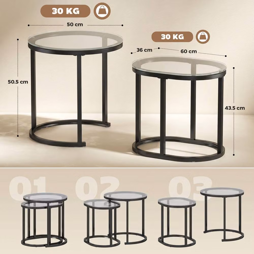 HOMCOM Set of 2 Modern Round Coffee Tables with Black Metal Frames and Transparent Tempered Glass Tops – 3
