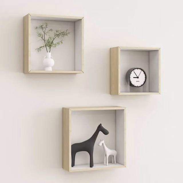Berkfield Home Wall Mounted Cube Shelves, 3 Piece Set in White and Sonoma Oak Natural