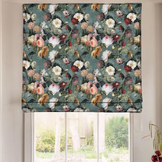 Linda Barker Florabunda Made To Measure Roman Blind in Verdigris Velvet Floral Textile