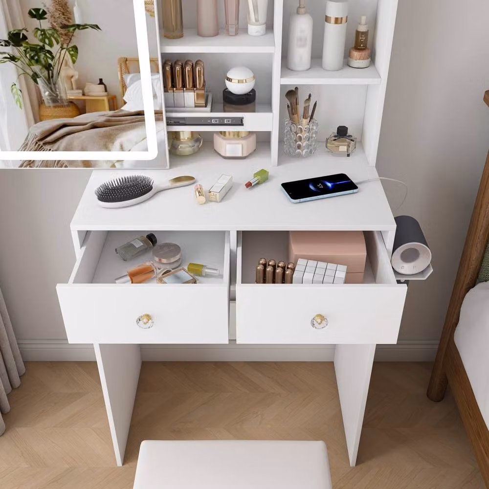 Rolipo Small White Makeup Vanity Desk with Hollywood LED Lights and Padded Stool – 3