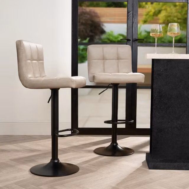 OHS Set of 2 Adjustable Faux Leather Swivel Bar Stools in Beige