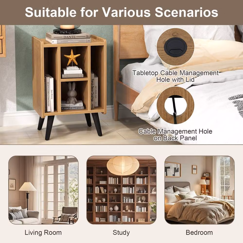 Gymax Record Player Stand with 4 Open Shelves and Charging Port in Beige – 5