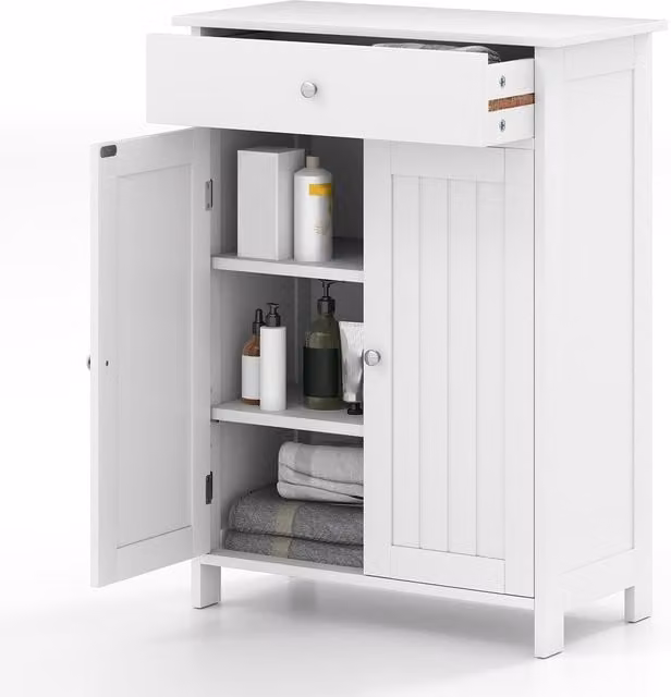 Gymax White Freestanding Bathroom Floor Cabinet with 2 Hinged Doors and Internal Shelves – 1