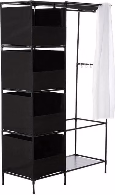 NESTLUNE Black Folding Canvas Closet Organizer with Hanging Rod and Shelves, W: 100 cm, D: 15 cm