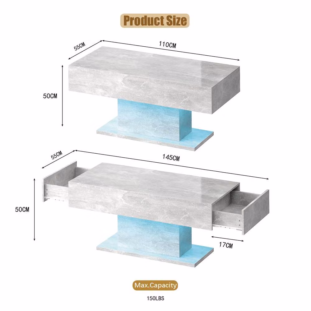 KEEPREAPER Rectangular LED Coffee Table with 2 Drawers, Grey Marble Finish, W/D/H: 110 x 55 x 50 cm – 2