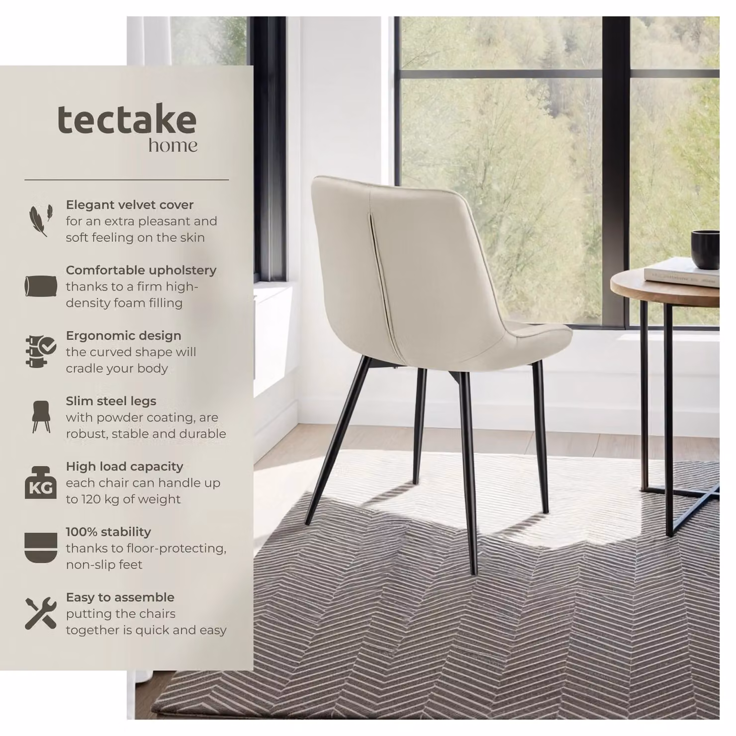 tectake Monroe Dining Chair Set of 8 in Beige Velvet Fabric with Metal Frame – 2