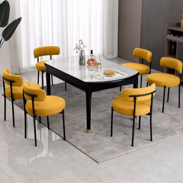 Modern Home Touch Set of 2 Mid-Century Yellow Bouclé Fabric Upholstered Dining Chairs with Armrests and Black Metal Frame